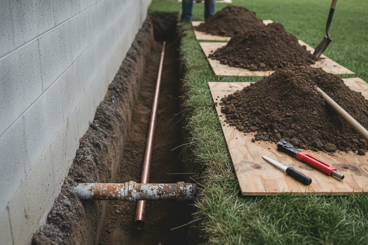Excavated water line trench during Sewer Line Repair in Lucas